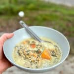 Bowl of campfire creamy chicken soup.