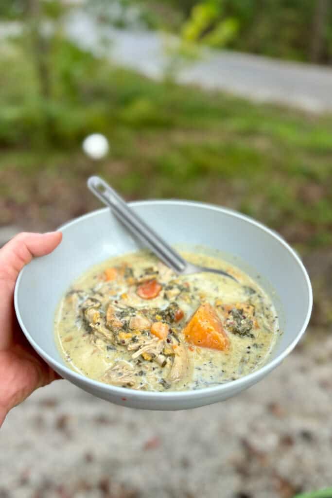 Bowl of campfire creamy chicken soup.