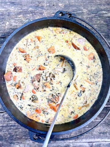 Cast-iron dutch oven filled with campfire creamy chicken soup.