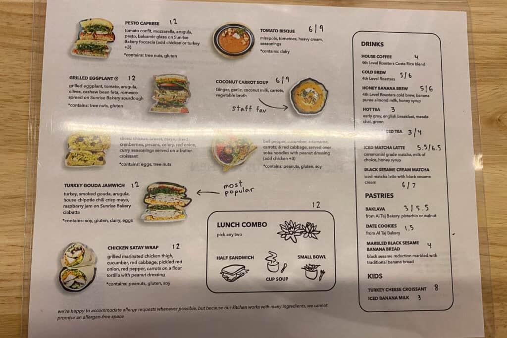 Soup and sandwich menu at Floating Lotus Kitchen.