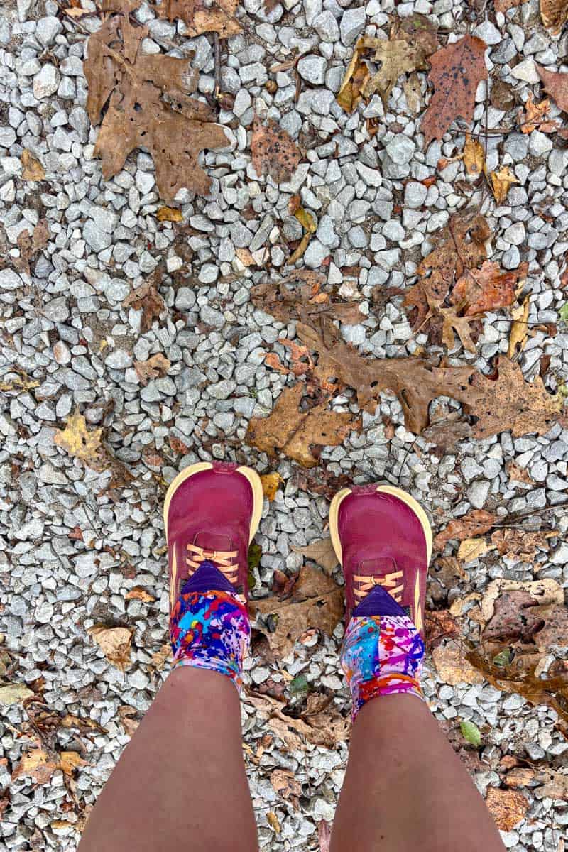 View from above of Altra Timp trail runner shoes.