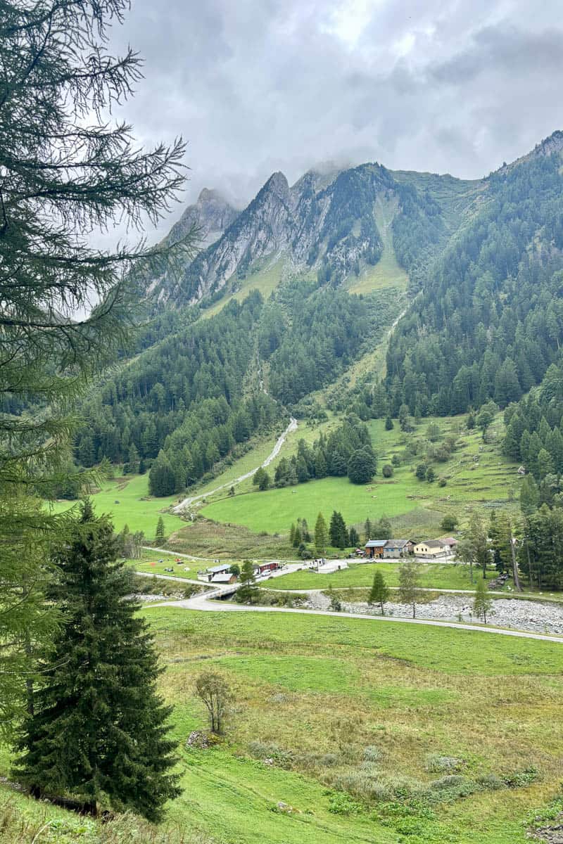 View of small campground in alpine valley.