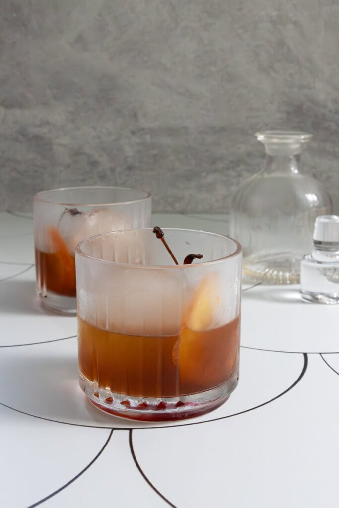 Old-fashioned pitcher cocktail divided between two chilled rocks glasses.