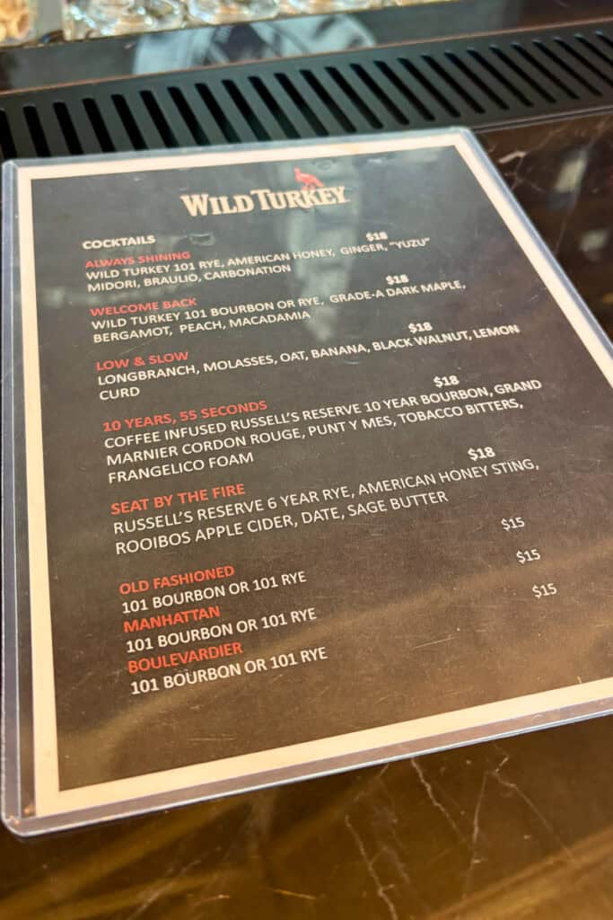 Cocktail menu at Wild Turkey bar.