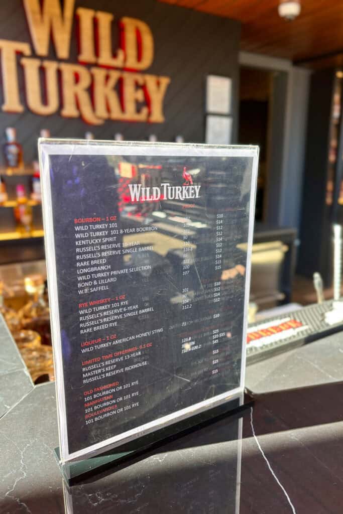 Price list at Wild Turkey bar.