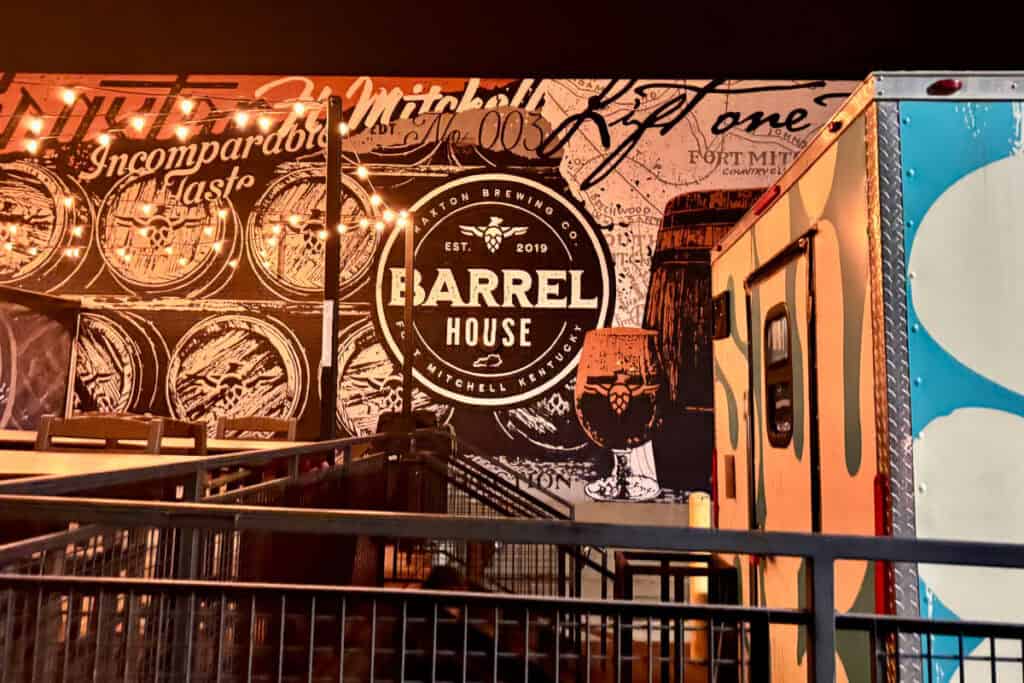 Braxton Brewing Barrel House logo printed on interior wall of restaurant.