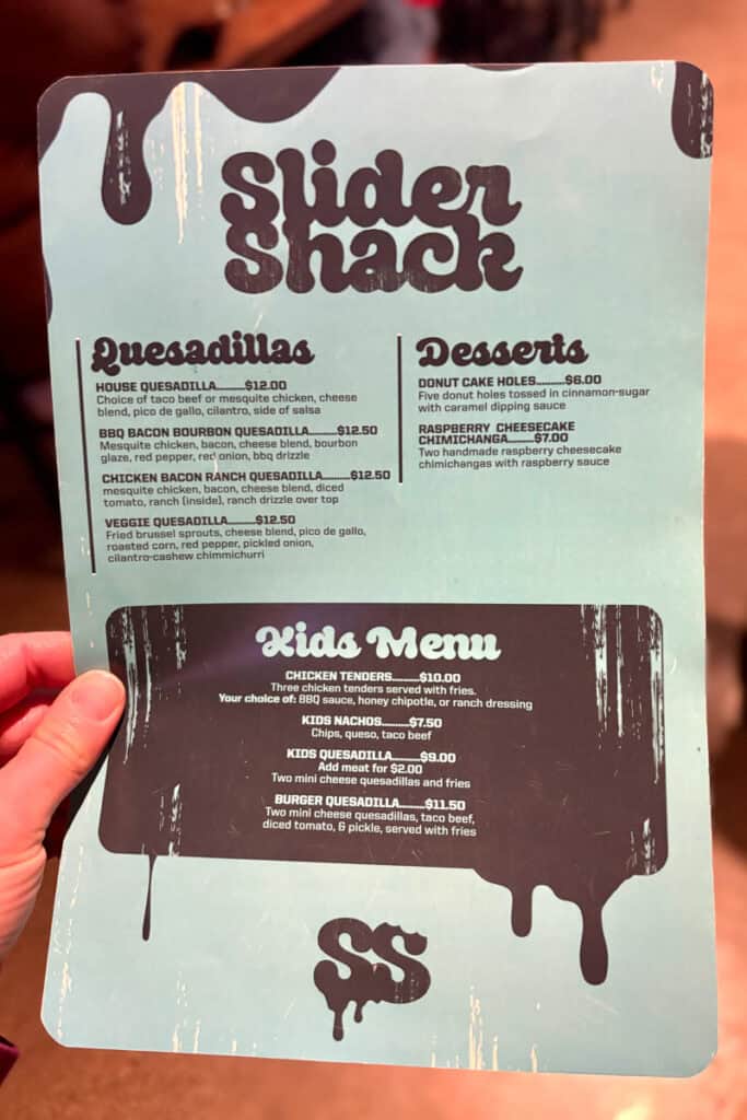 Quesadillas and desserts listed on Slider Shack menu.