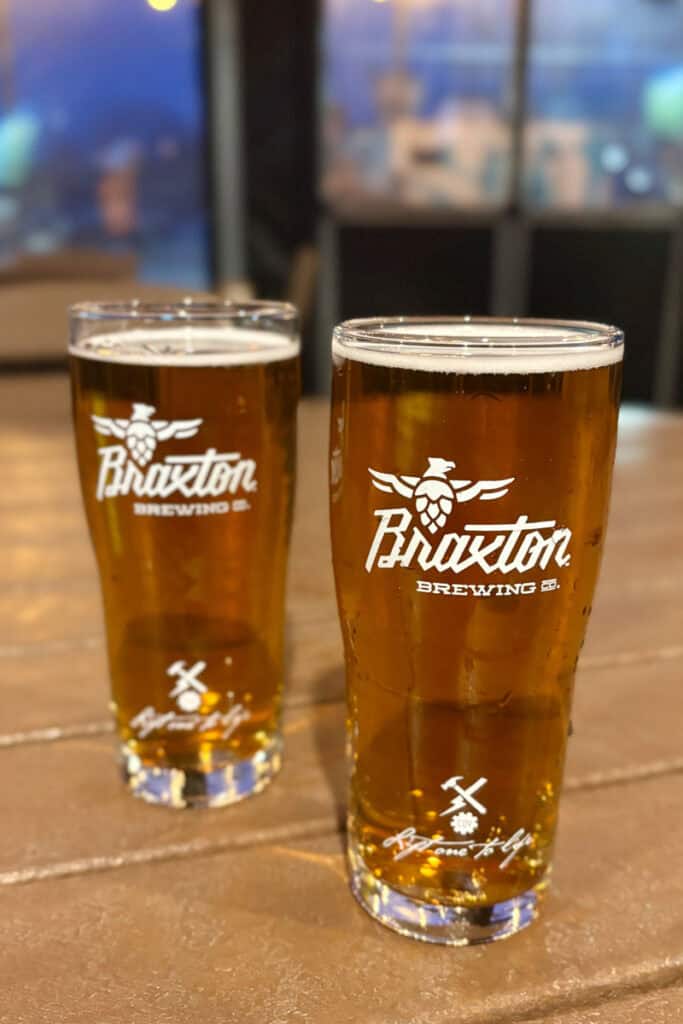 Two glasses of beer at Braxton Brewing Barrel House.