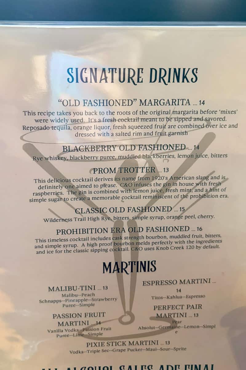 Cocktail menu at Copper and Oak.