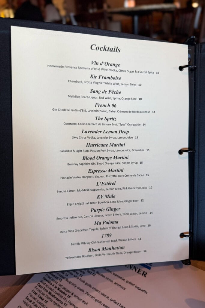 Cocktail menu at Brasserie Provence.