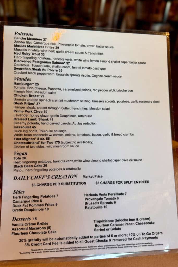 Entree menu at Brasserie Provence.