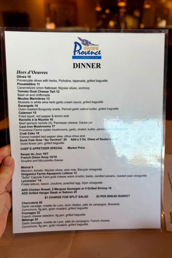 Appetizer menu at Brasserie Provence.