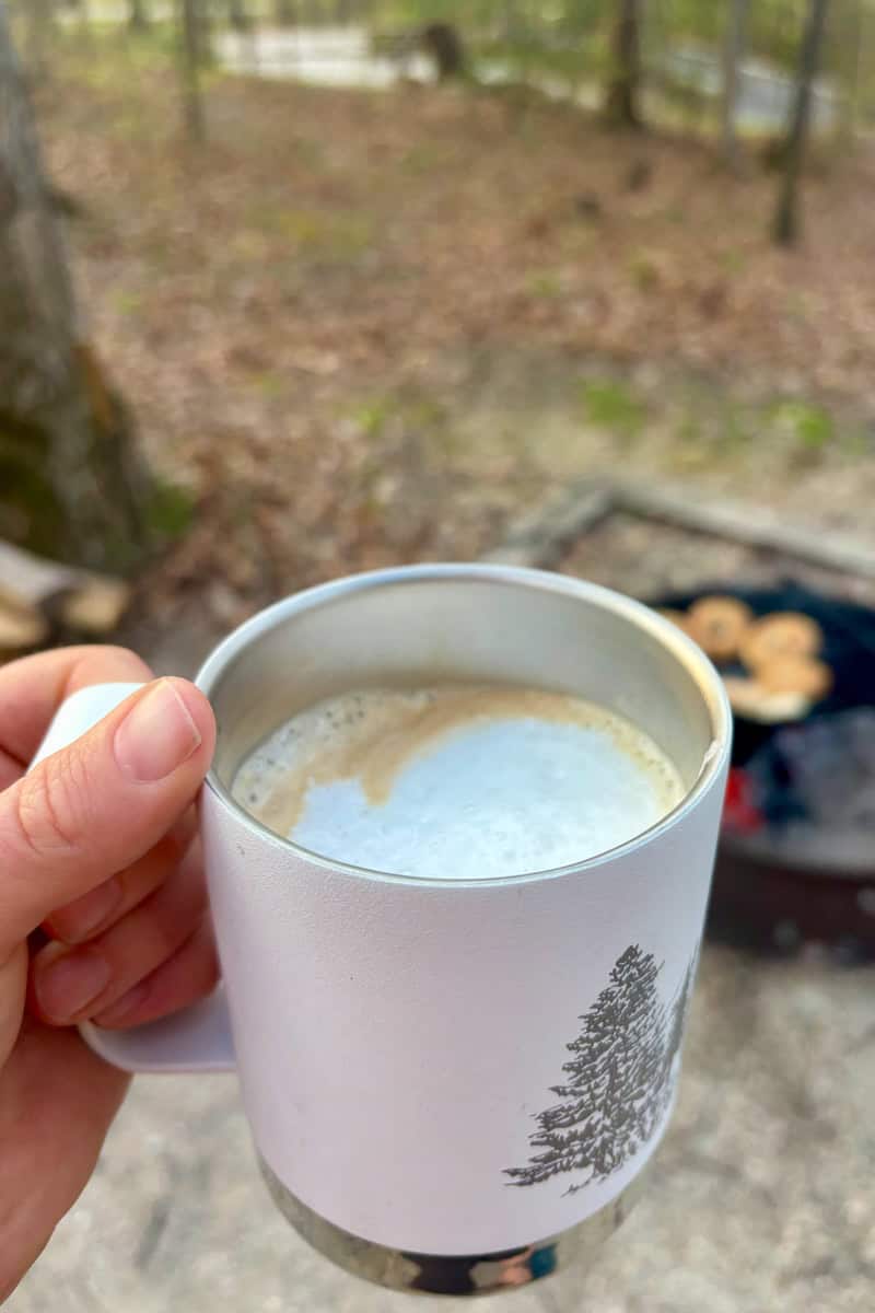 Freshly made hot latte, one option for tent glamping.