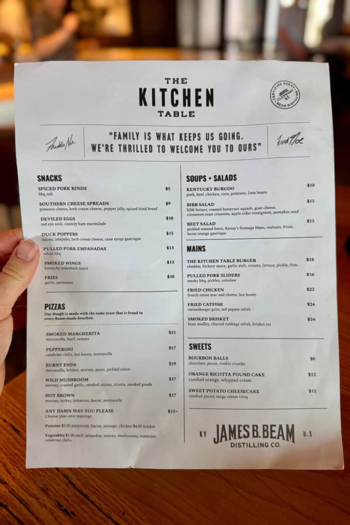 Entree menu at The Kitchen Table.