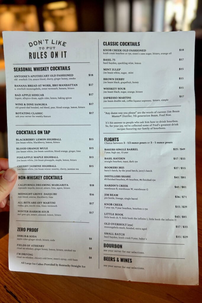 Cocktail and flights menu at The Kitchen Table.