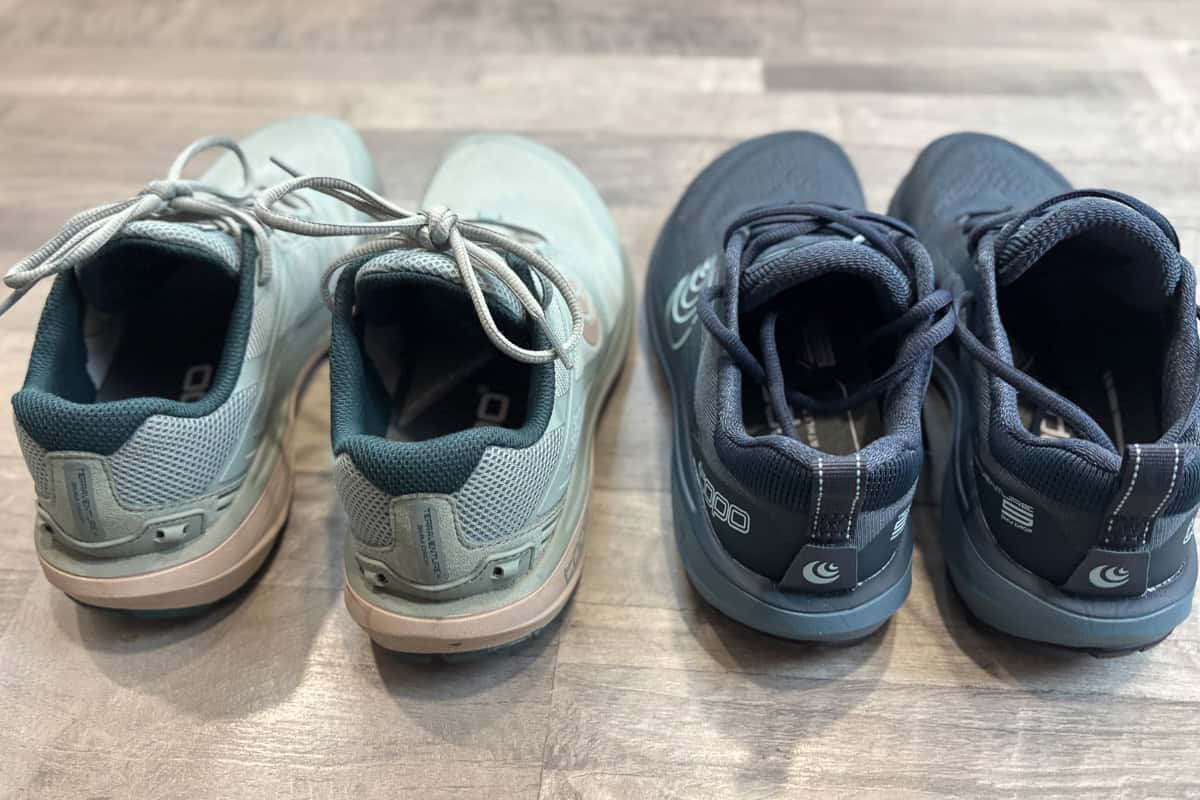 Back view of Topo Terraventure 4 shoes and Terraventure 5 shoes with gaiter attachments visible.