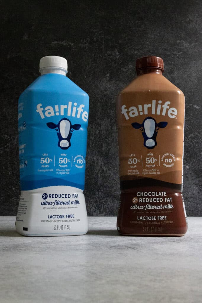 Cartons of Fairlife brand lactose-free milk and chocolate milk.