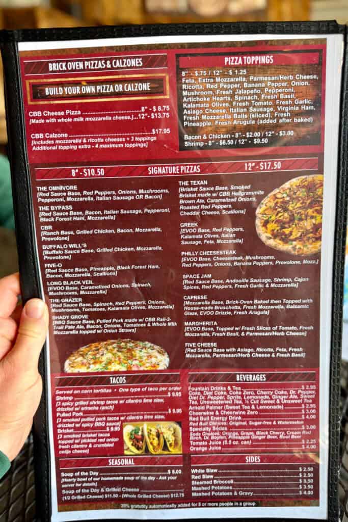 Pizza menu at Creek Bottom Brewing.