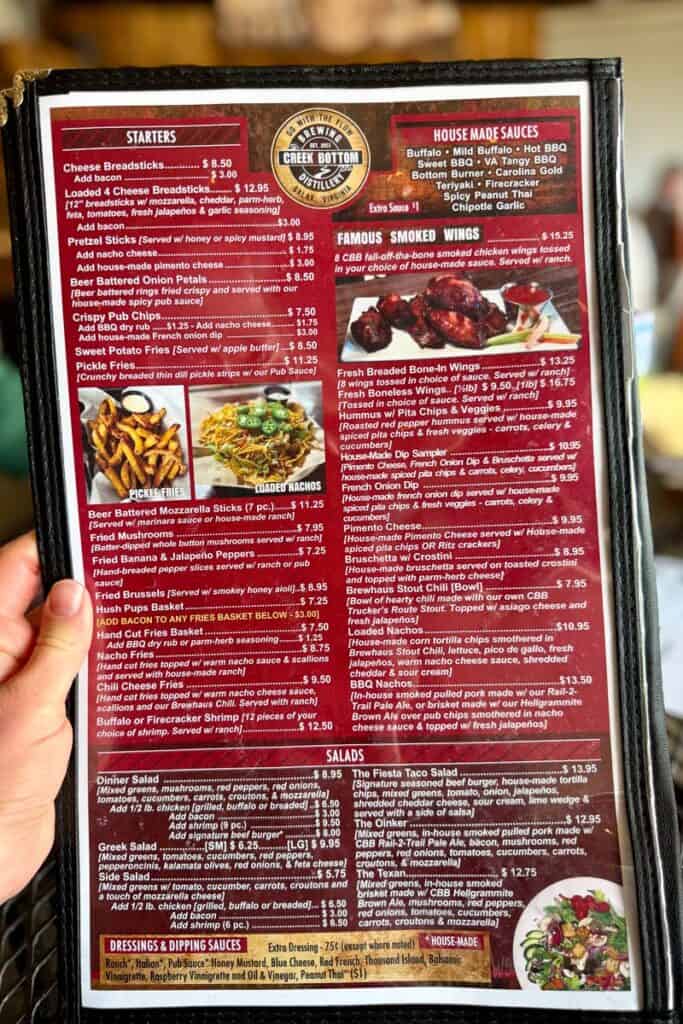 Appetizer, wings and salad menu at Creek Bottom Brewing Company.