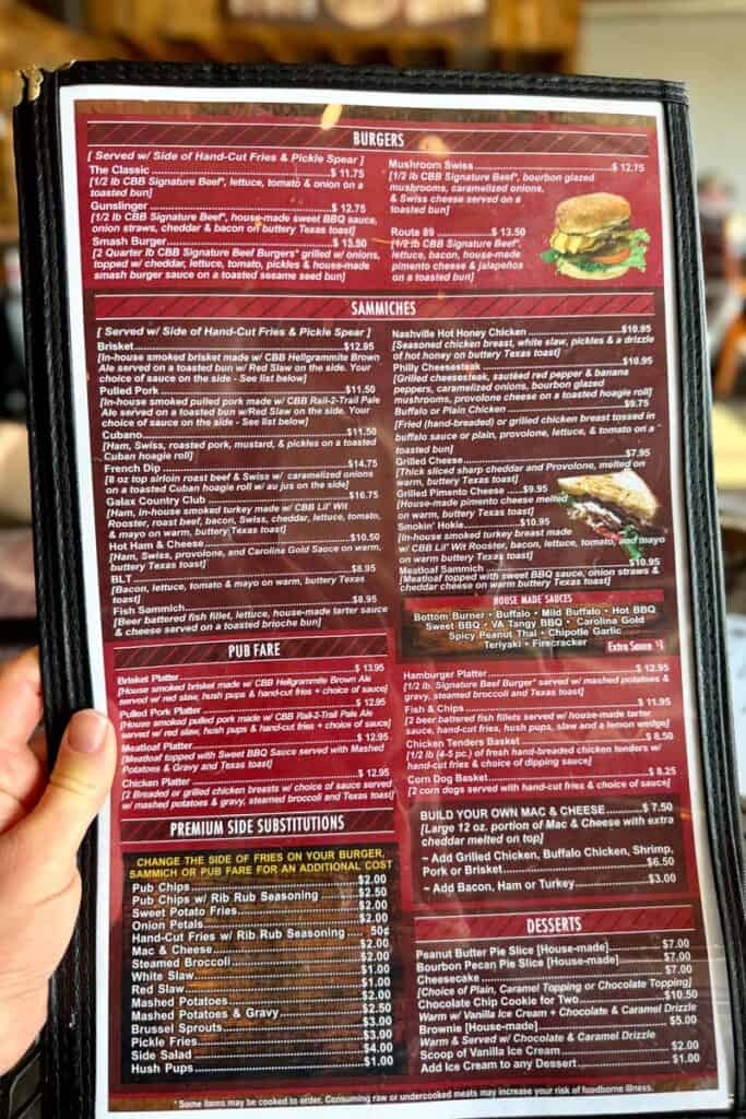 Burger and sandwich menu at Creek Bottom Brewing.