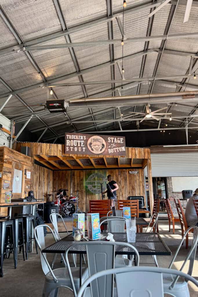 Music stage in the corner of dining area at Creek Bottom Brewing Company.