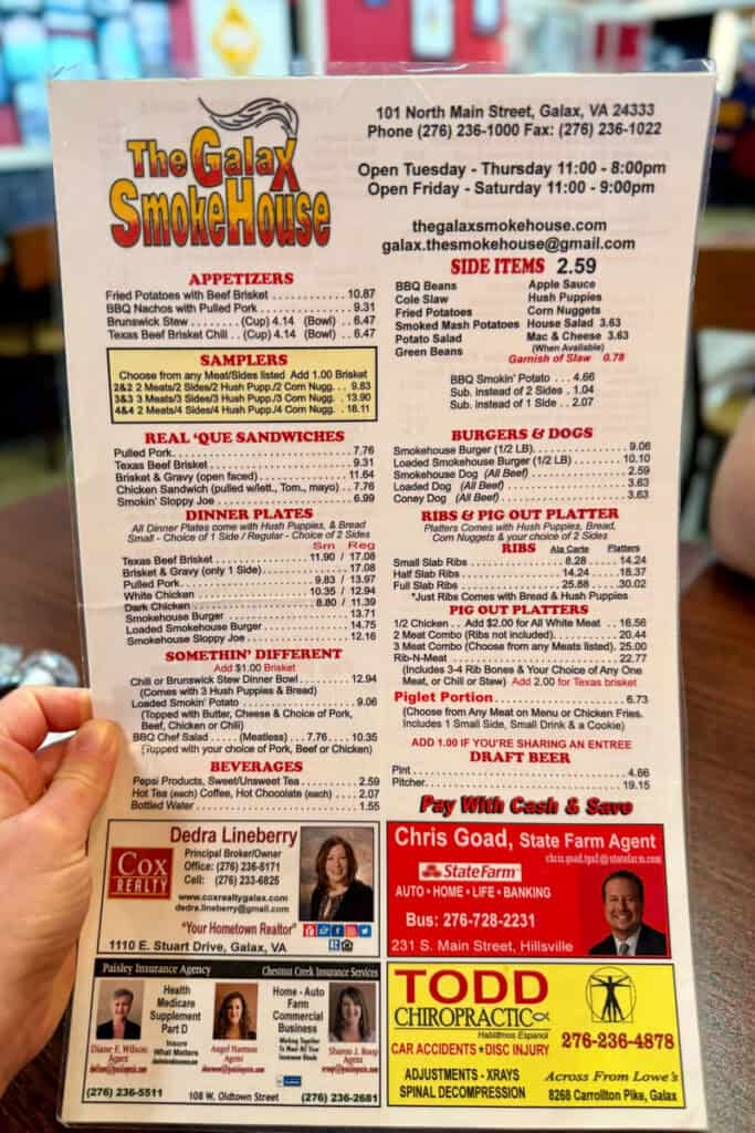 Menu at Galax Smokehouse.