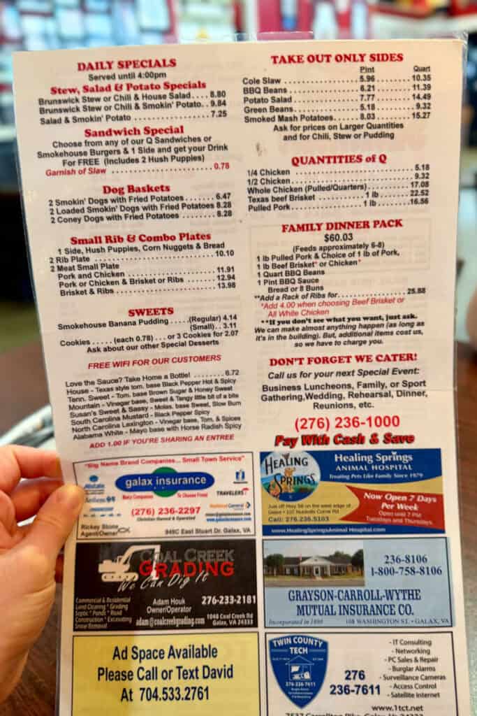 Back side of menu at Galax Smokehouse.