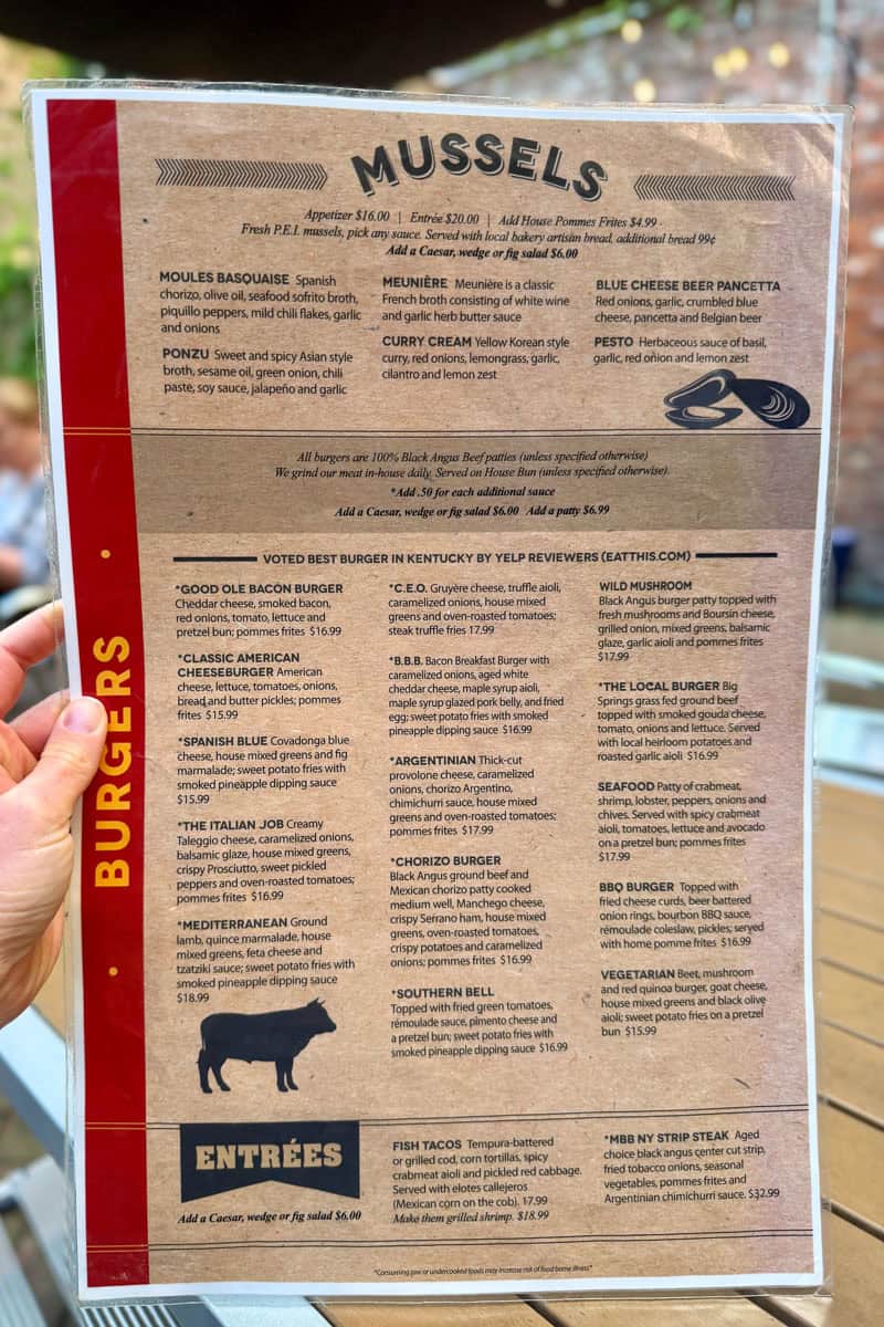 Menu at Mussel and Burger Bar.