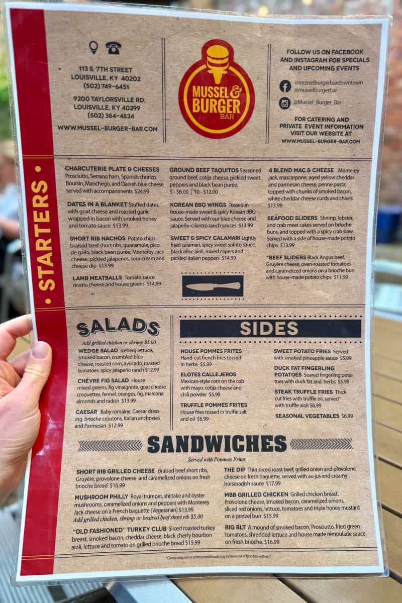Sandwiches and sides menu at Mussel and Burger Bar.