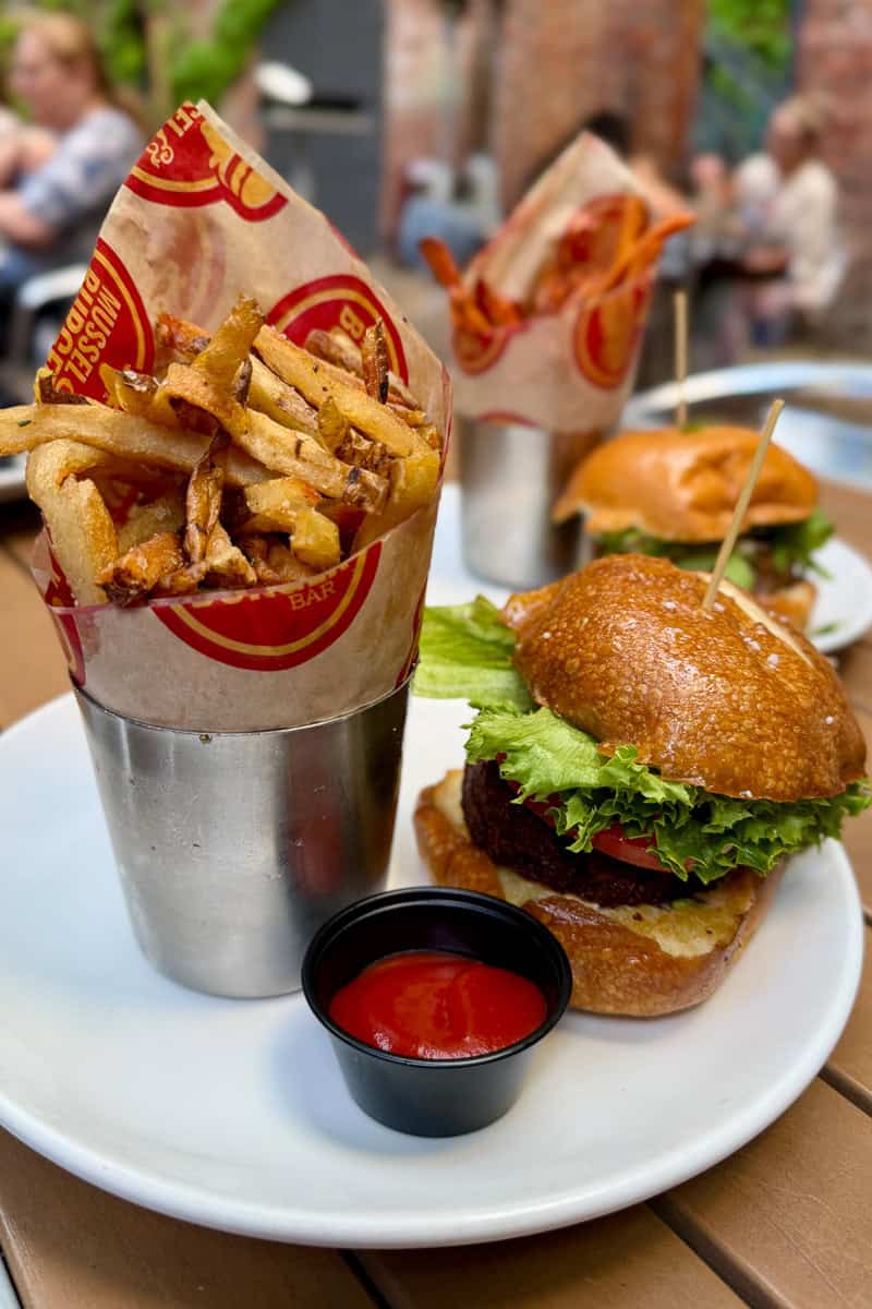 seafood burger and fries.