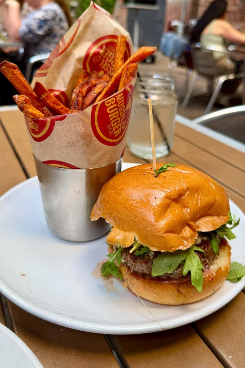 Spanish Blue burger and sweet potato fries.