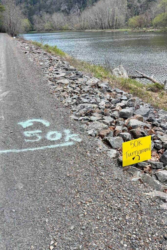 Sign for 50K turnaround in the New River Trail races.