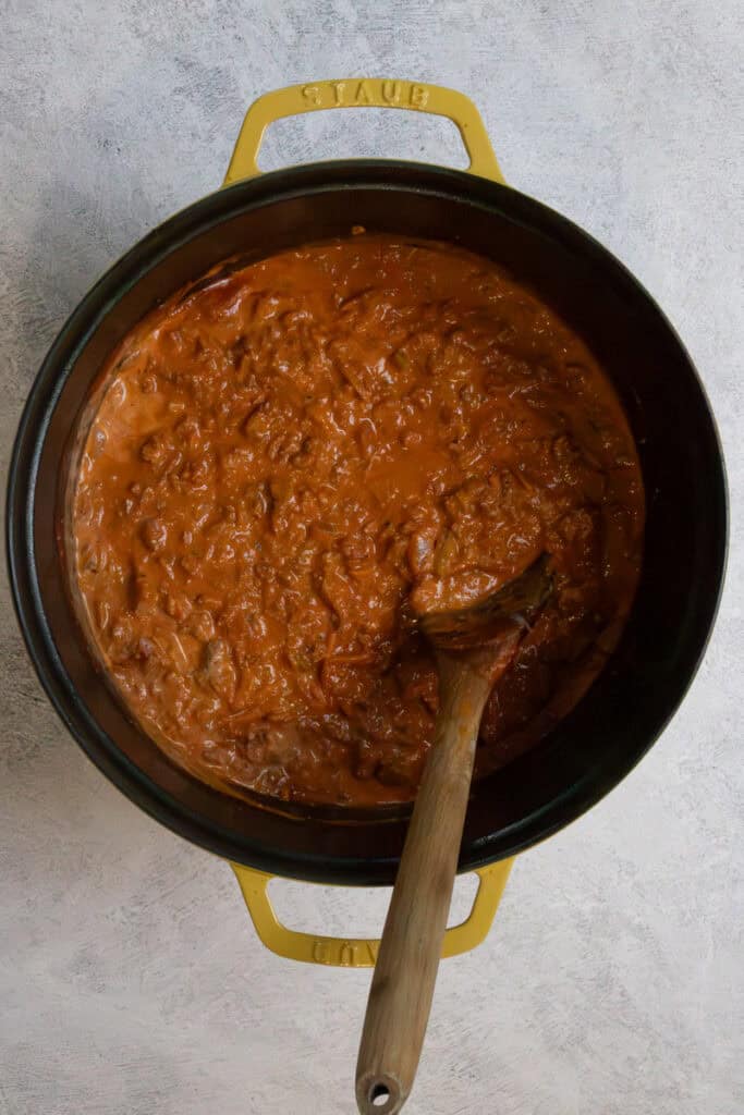 Turkey bolognese sauce in pot after simmering.
