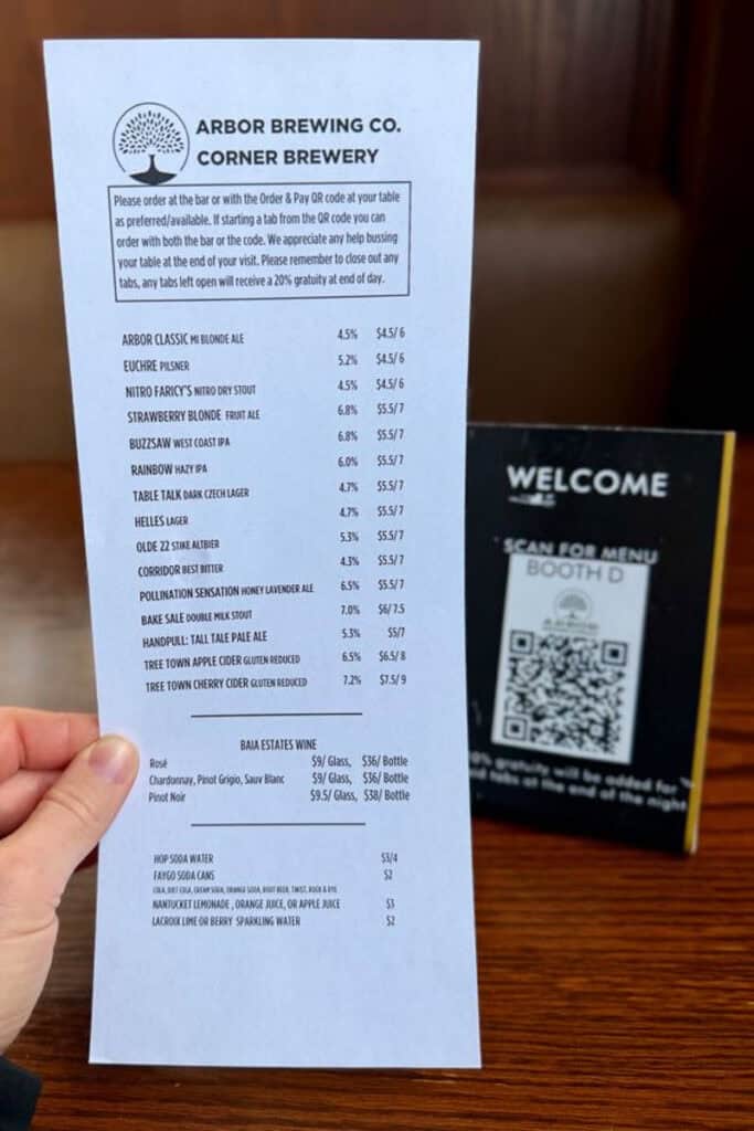 Beer list and pricing at Arbor Brewing Company.