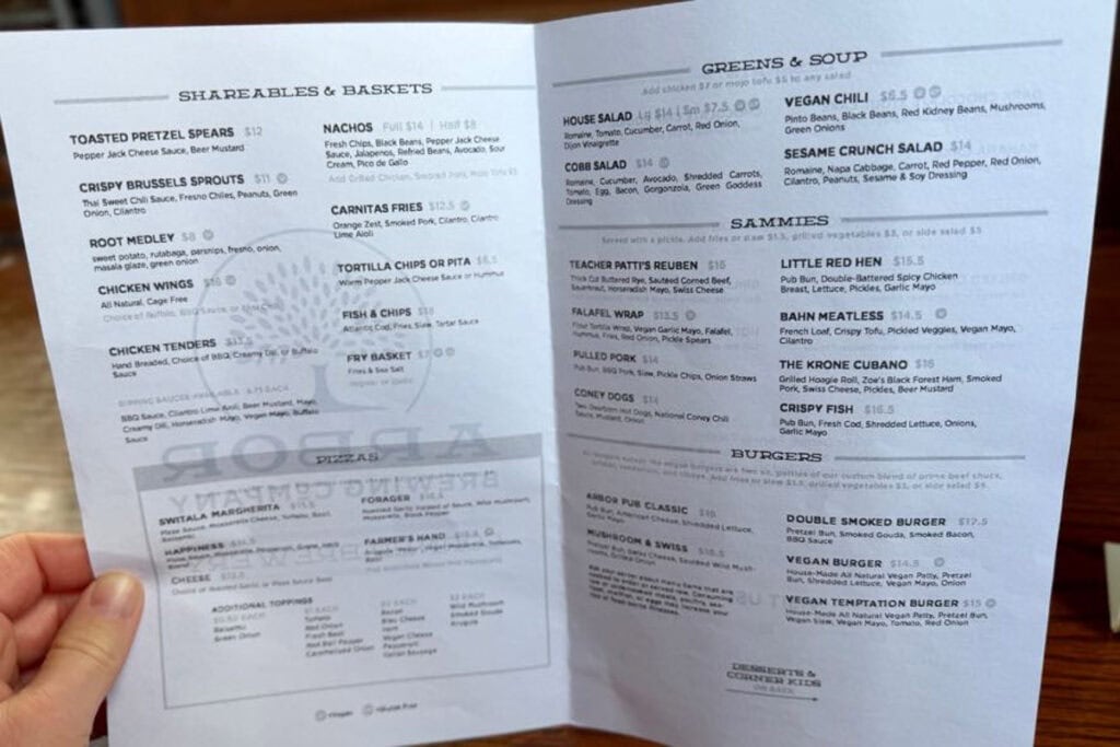 Menu at Arbor Brewing Company.