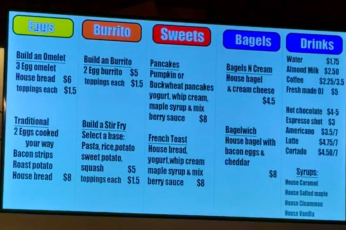 Breakfast menu at Miguel's.