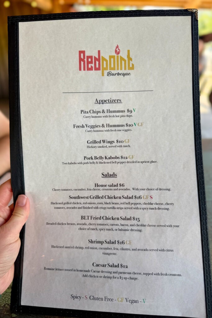 Appetizers and salad menu at Red Point BBQ.