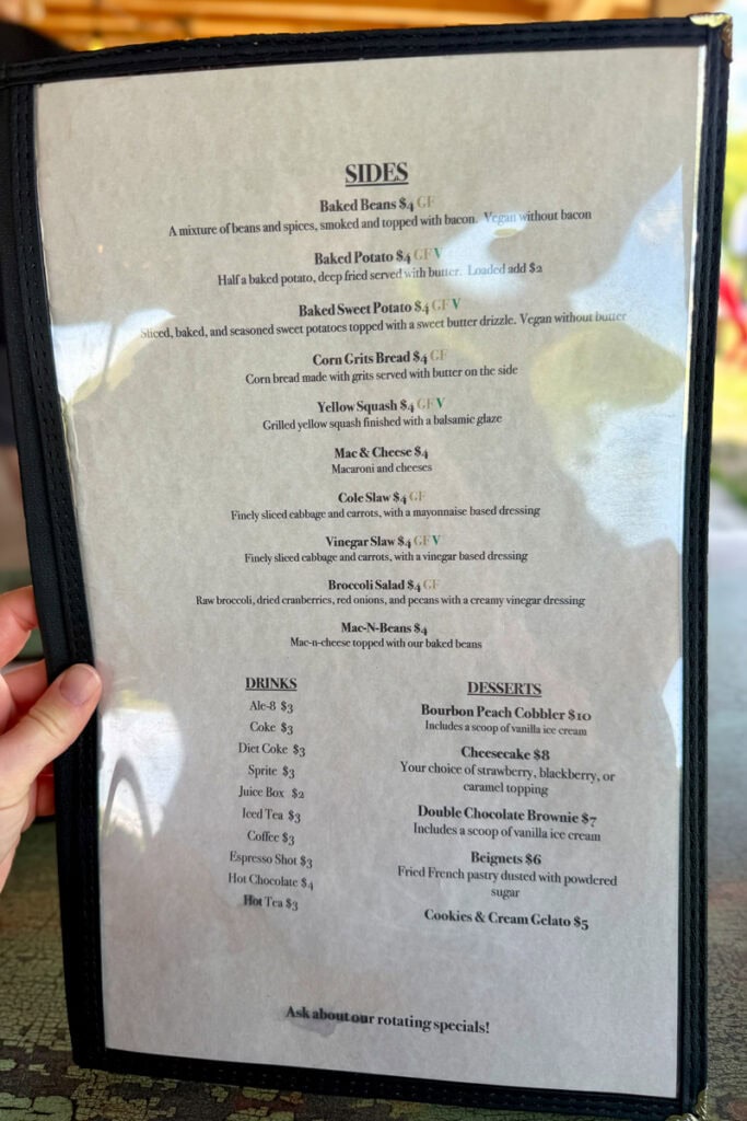 Sides, desserts and drinks menu at Red Point BBQ.