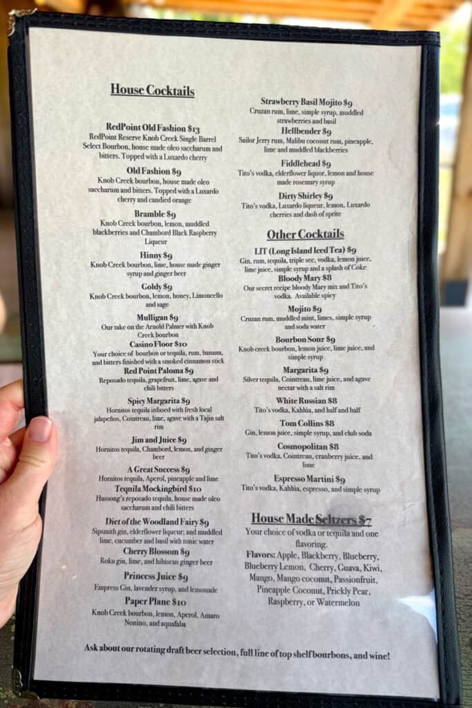 Cocktails menu at Redpoint BBQ.