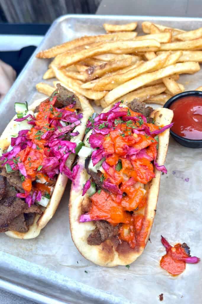 Doner Kebab, meat and veggies on flatbread.