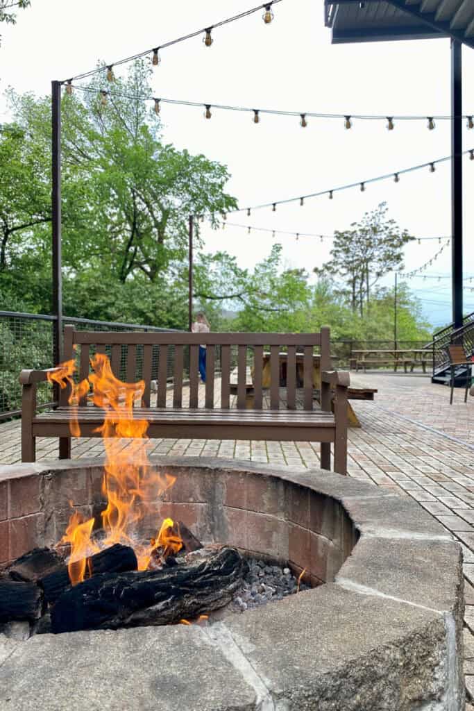 Bench and fire pit in courtyard with string lights overhead.