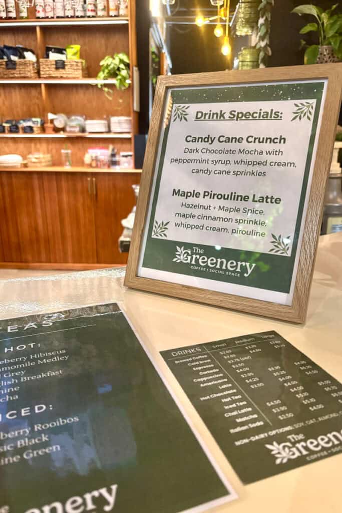 Drinks menu and drink specials at The Greenery Coffee Shop.