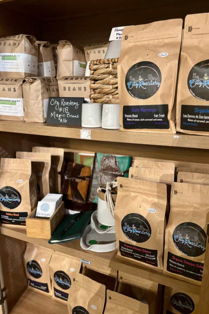 Packaged coffee beans for sale.