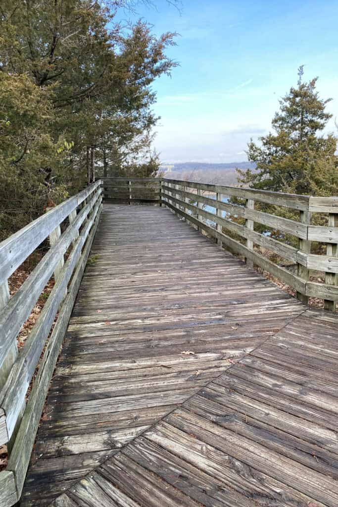 Wooden boardwalk with scenic view.