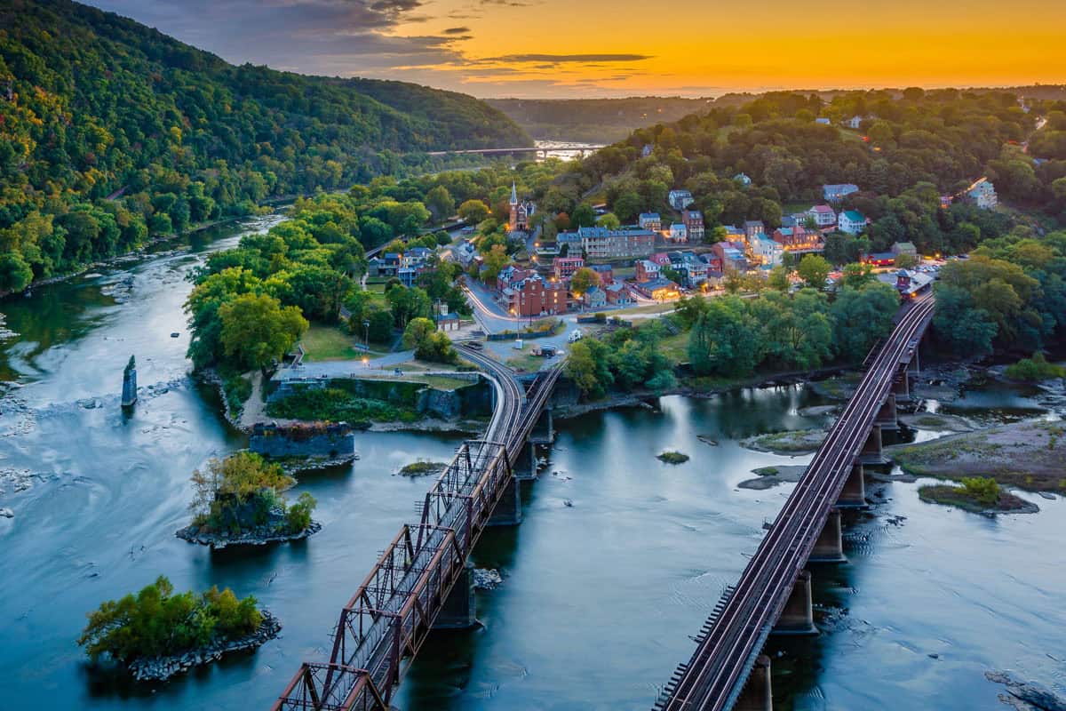 A scenic West Virginia hiking destination, the view from Maryland Heights Trail of Harpers Ferry town bordered by two rivers.