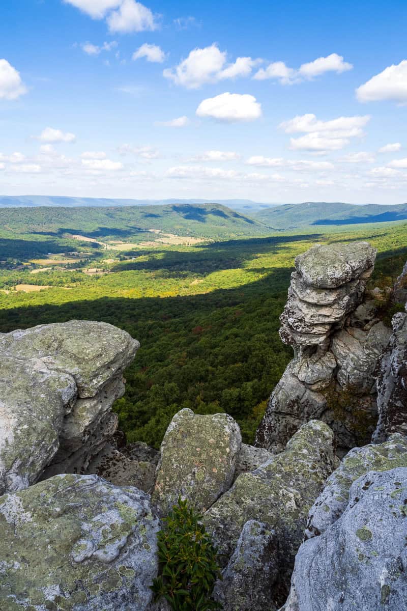 Sandstone boulders on top of Big Schloss, a rocky mountaintop in West Virginia with a long-range view.