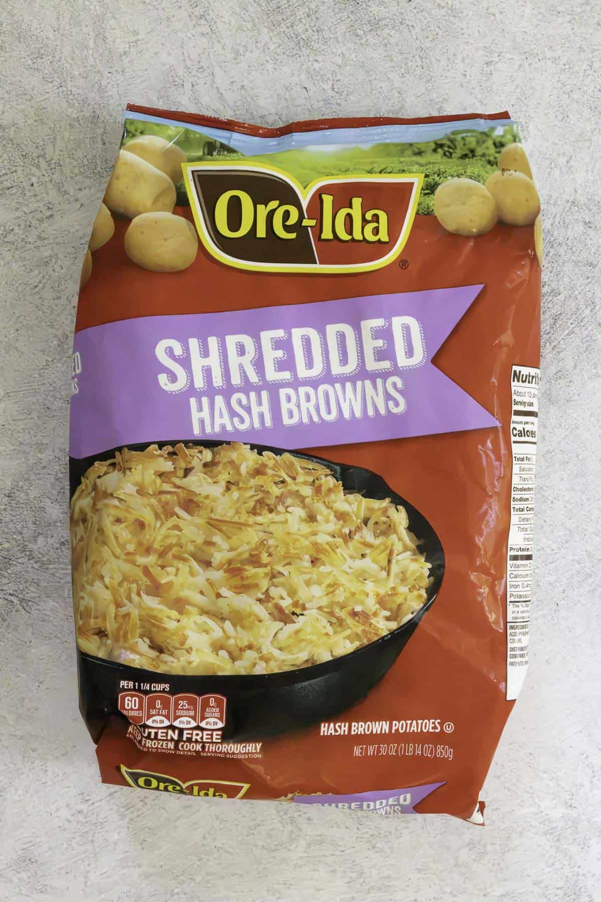 frozen shredded potatoes in a bag.