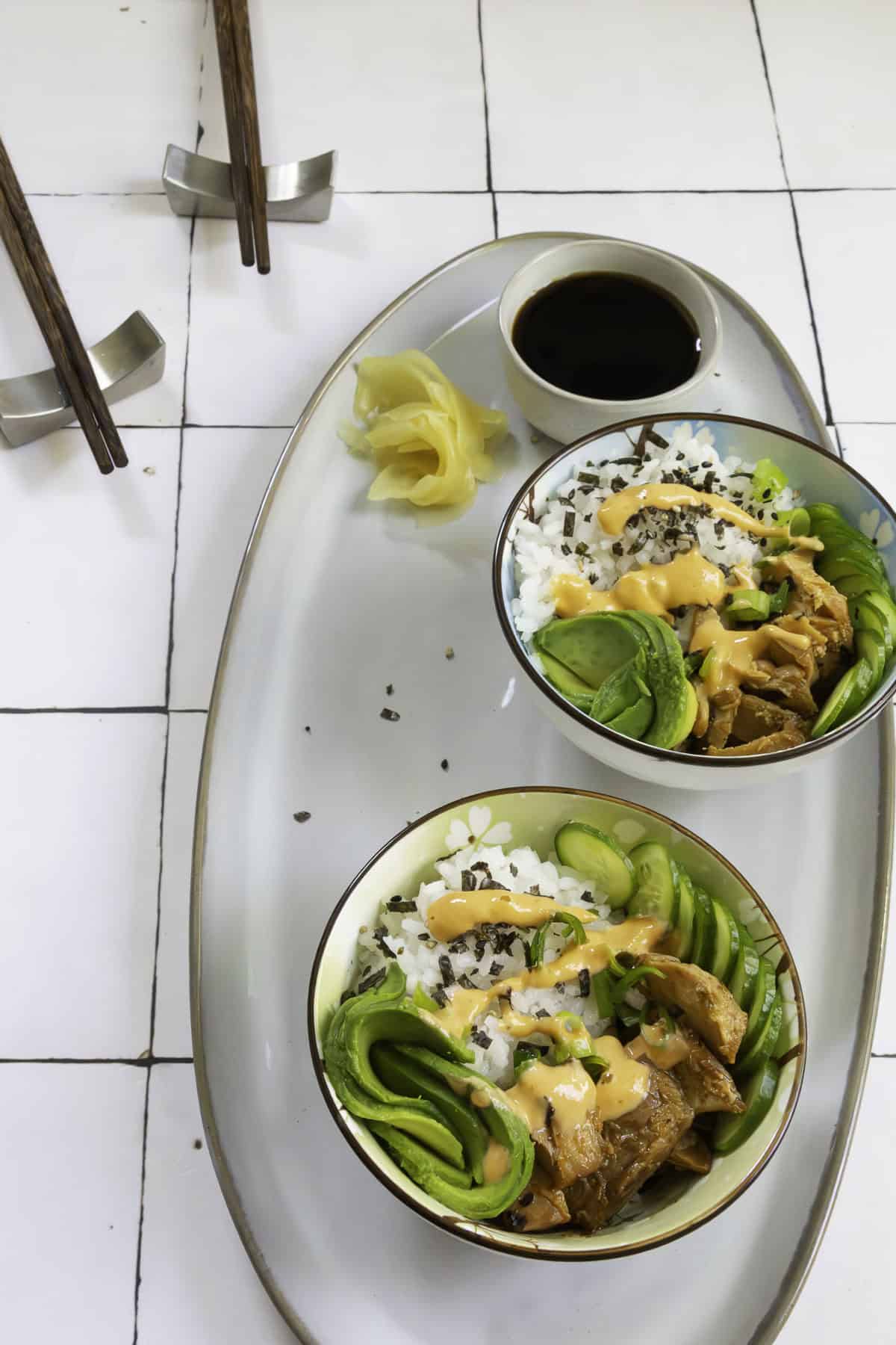 smoked salmon poke bowls on a countertop.