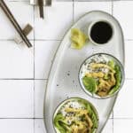 smoked salmon poke bowls on a countertop.