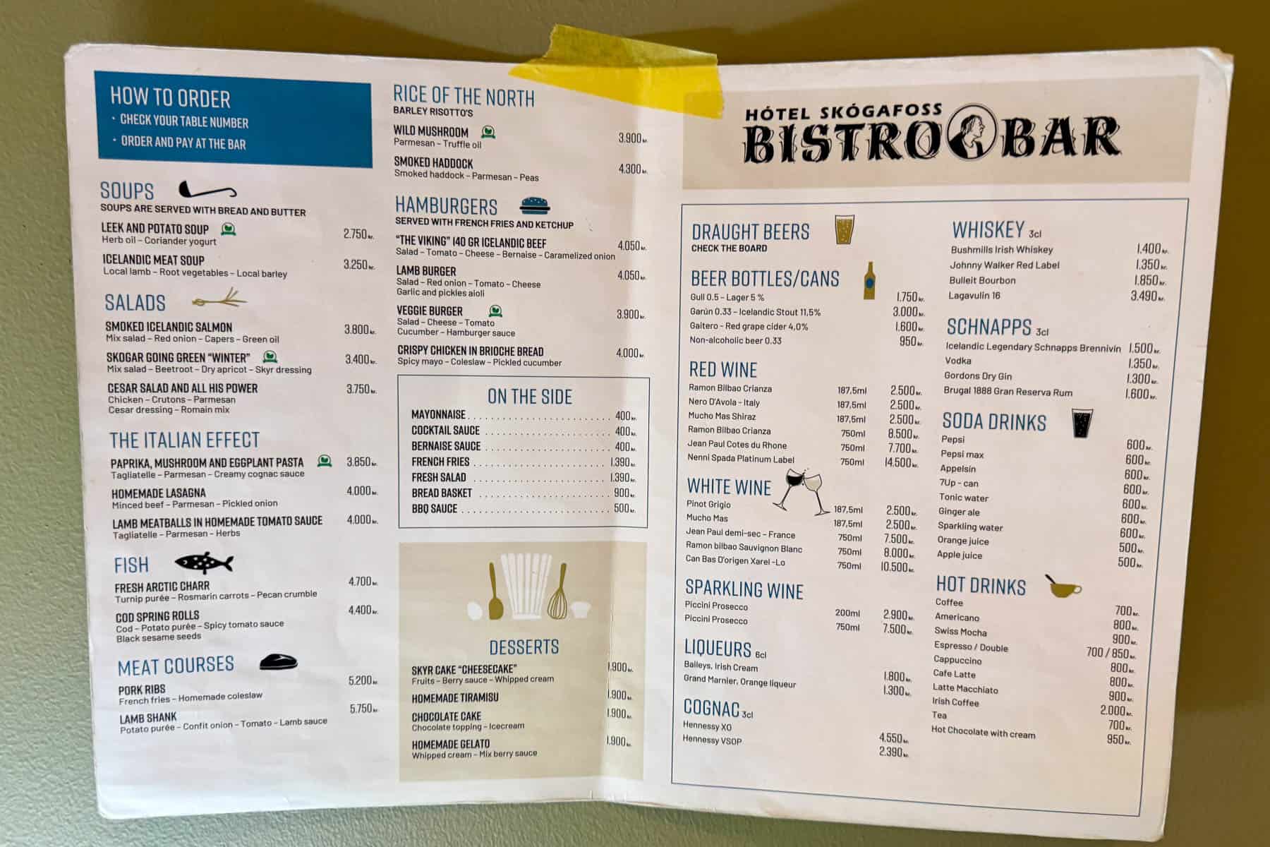 Menu at Hotel Skogafoss.